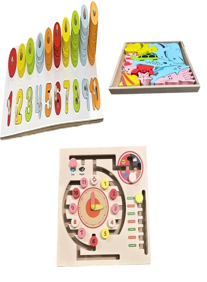 Kinder Creative Peg Number Ring Counting Set,3D Sea Animals Stacking Puzzle,Maze Game Weather Calendar Clock Puzzle, Educational Puzzle and Toys for Kids Pack of 3 - Image 1